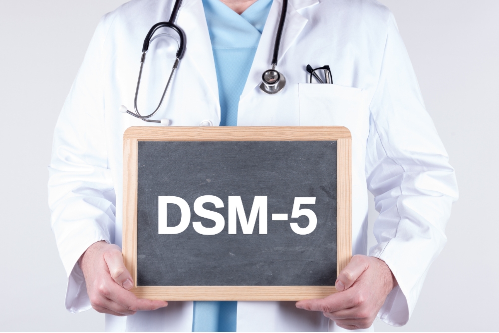 Black board with DSM-5 written on it in the hands of doctor